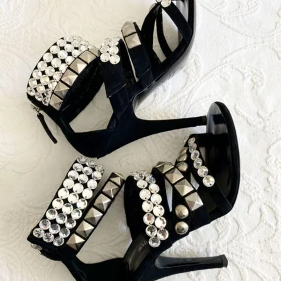 [SOLD] Giuseppe Zanotti x Balmain Black Suede Rhinestone Evening Sandals Heels - Picture 5 of 10